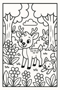 Ilustração de um cervo, raposa e coelho em uma floresta, com contornos grossos e áreas grandes para colorir, ideal para crianças.