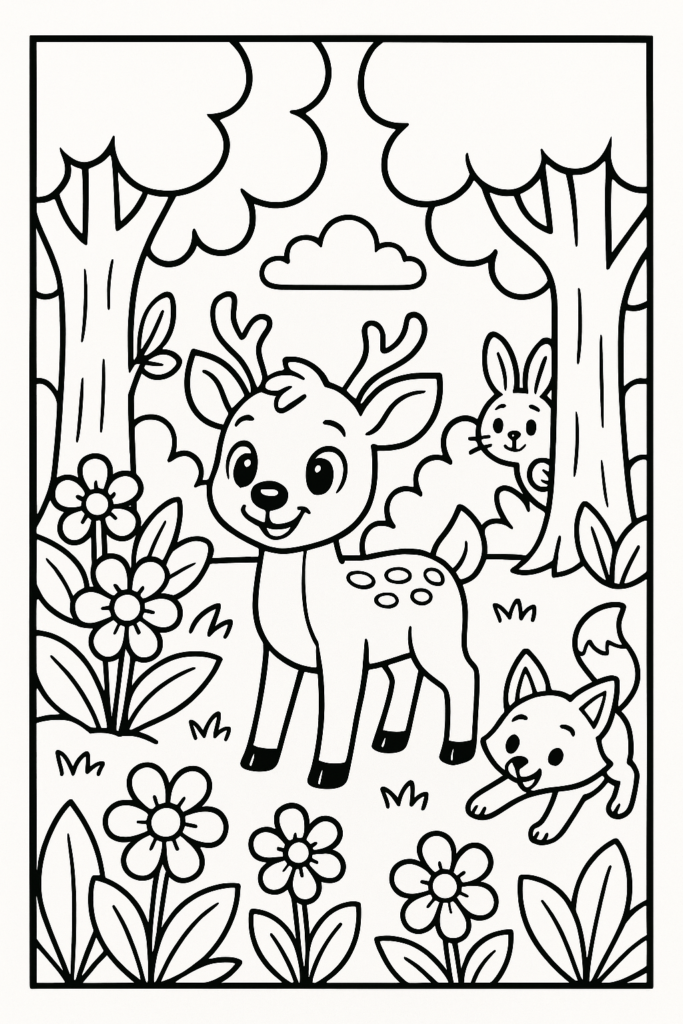 Ilustração de um cervo, raposa e coelho em uma floresta, com contornos grossos e áreas grandes para colorir, ideal para crianças.