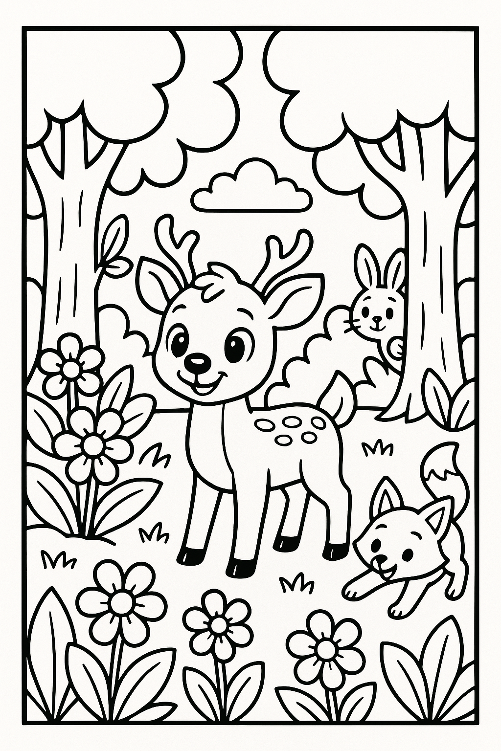 Ilustração de um cervo, raposa e coelho em uma floresta, com contornos grossos e áreas grandes para colorir, ideal para crianças.