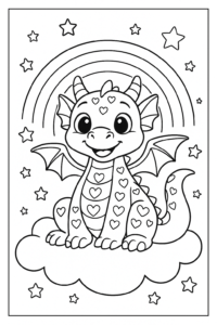 Página de colorir com um dragão amigável em uma nuvem, estrelas e um arco-íris, perfeita para crianças.