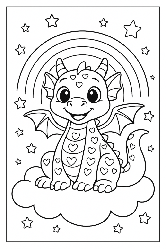 Página de colorir com um dragão amigável em uma nuvem, estrelas e um arco-íris, perfeita para crianças.
