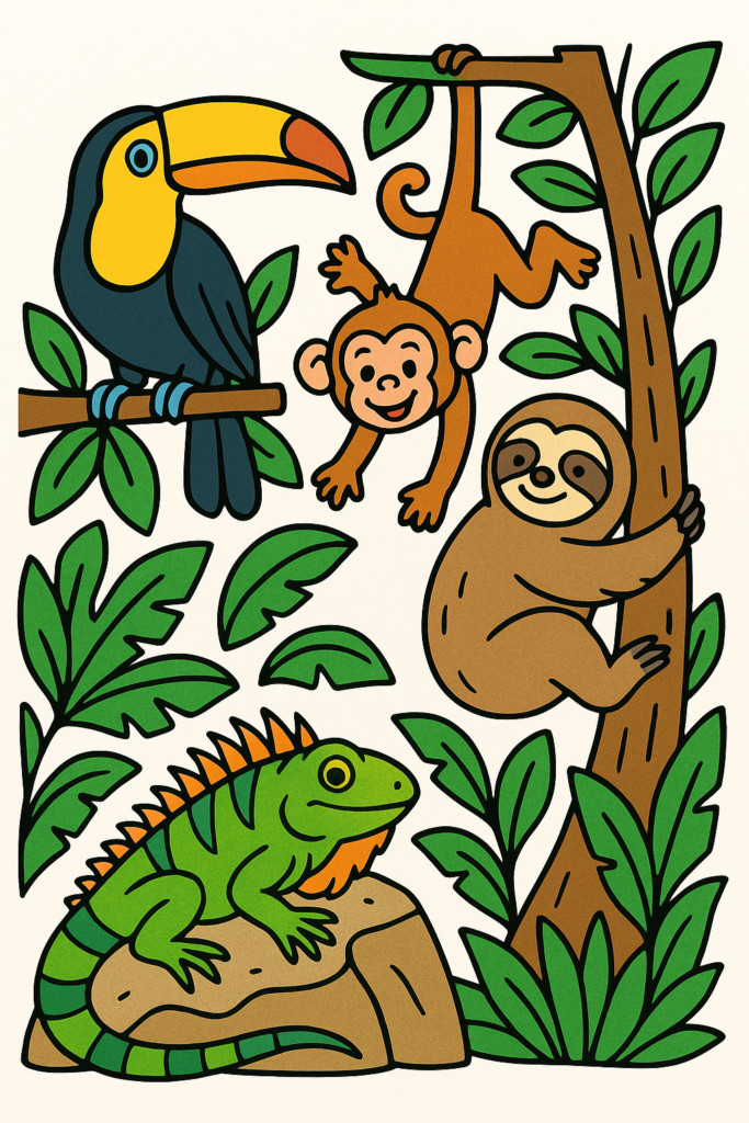 Desenho para colorir de animais exóticos em uma floresta tropical, incluindo um tucano, um macaco, uma preguiça e uma iguana, com contornos grossos e áreas grandes para colorir.
