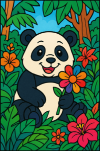 Desenho de um panda sorridente em uma floresta tropical, segurando uma flor, com grandes folhas e flores ao redor, ideal para colorir.