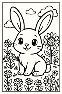 Ilustração de um coelho sorridente em um campo de flores, com contornos pretos grossos e áreas grandes para colorir.
