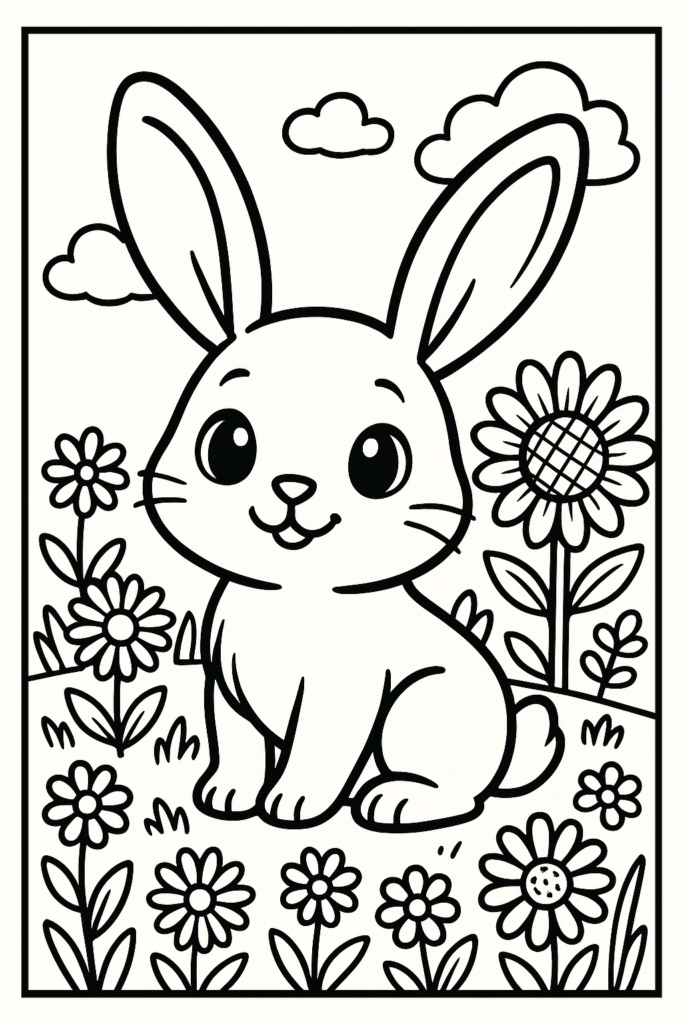 Ilustração de um coelho sorridente em um campo de flores, com contornos pretos grossos e áreas grandes para colorir.