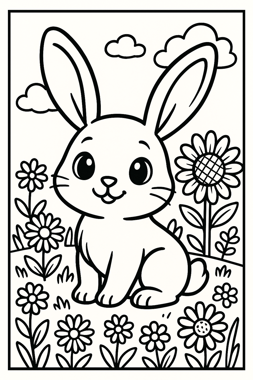 Ilustração de um coelho sorridente em um campo de flores, com contornos pretos grossos e áreas grandes para colorir.