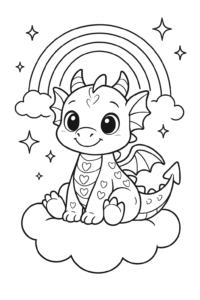 Desenho de um dragão fofo em uma nuvem com estrelas e arco-íris, ideal para colorir.
