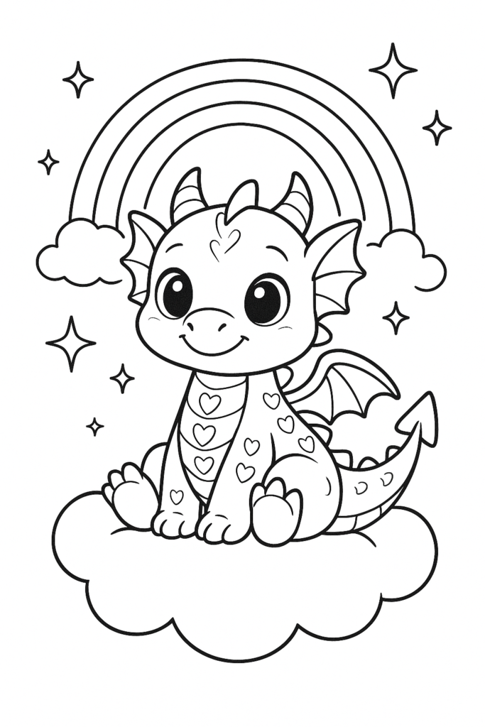 Desenho de um dragão fofo em uma nuvem com estrelas e arco-íris, ideal para colorir.