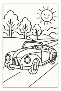Desenho para colorir de um carro clássico em uma estrada com árvores e um sol, com contornos grossos e áreas amplas para colorir.
