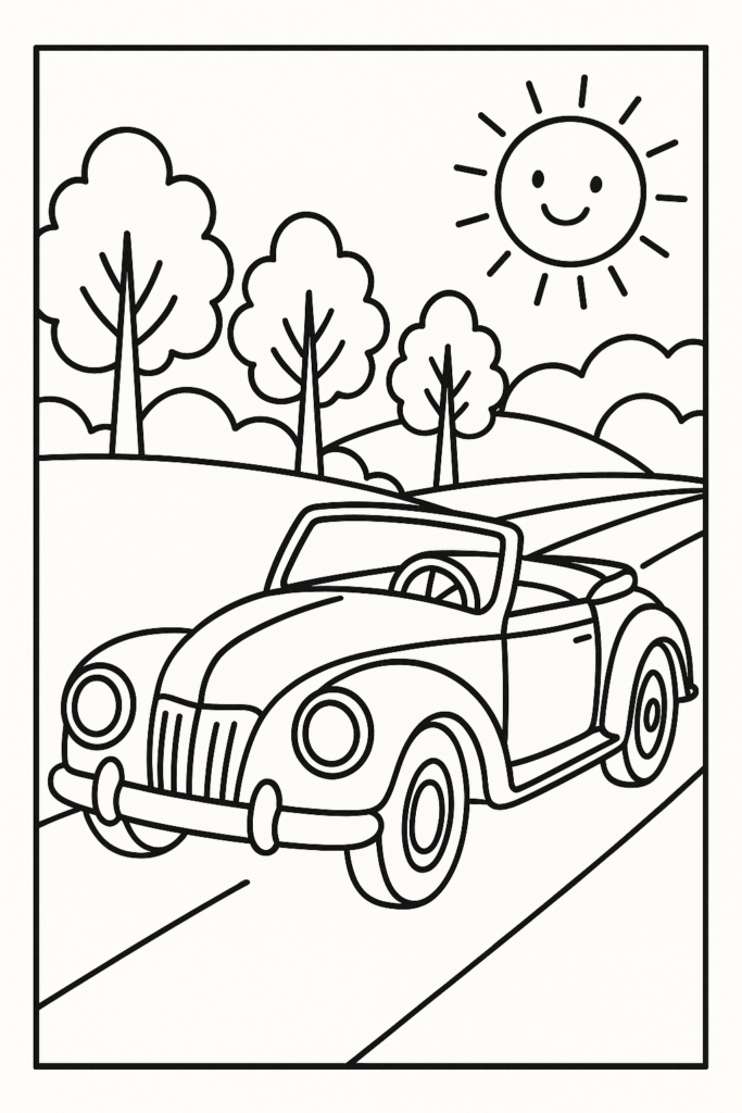 Desenho para colorir de um carro clássico em uma estrada com árvores e um sol, com contornos grossos e áreas amplas para colorir.