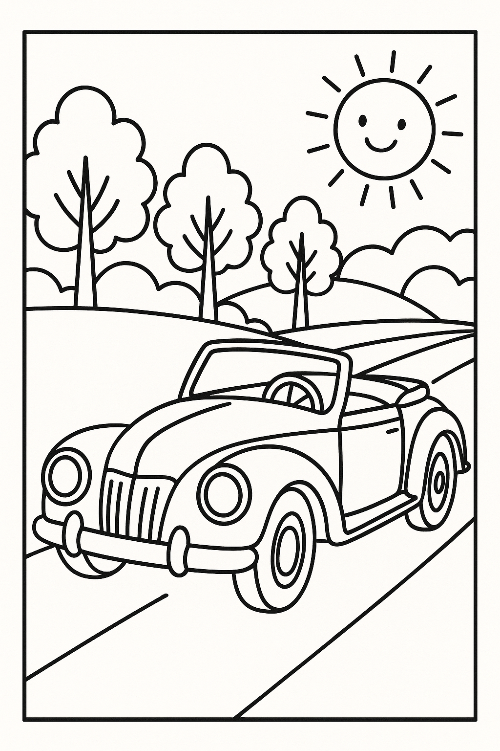 Desenho para colorir de um carro clássico em uma estrada com árvores e um sol, com contornos grossos e áreas amplas para colorir.