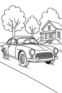 Desenho para colorir de um carro clássico dos anos 60, com contornos grossos e espaços amplos para colorir, ideal para crianças.