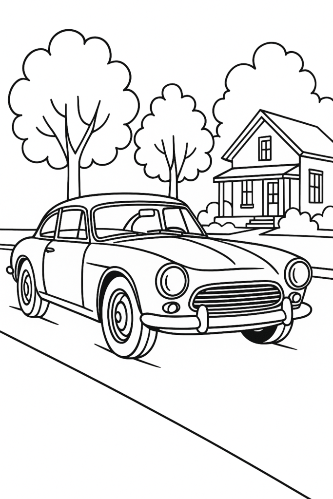 Desenho para colorir de um carro clássico dos anos 60, com contornos grossos e espaços amplos para colorir, ideal para crianças.