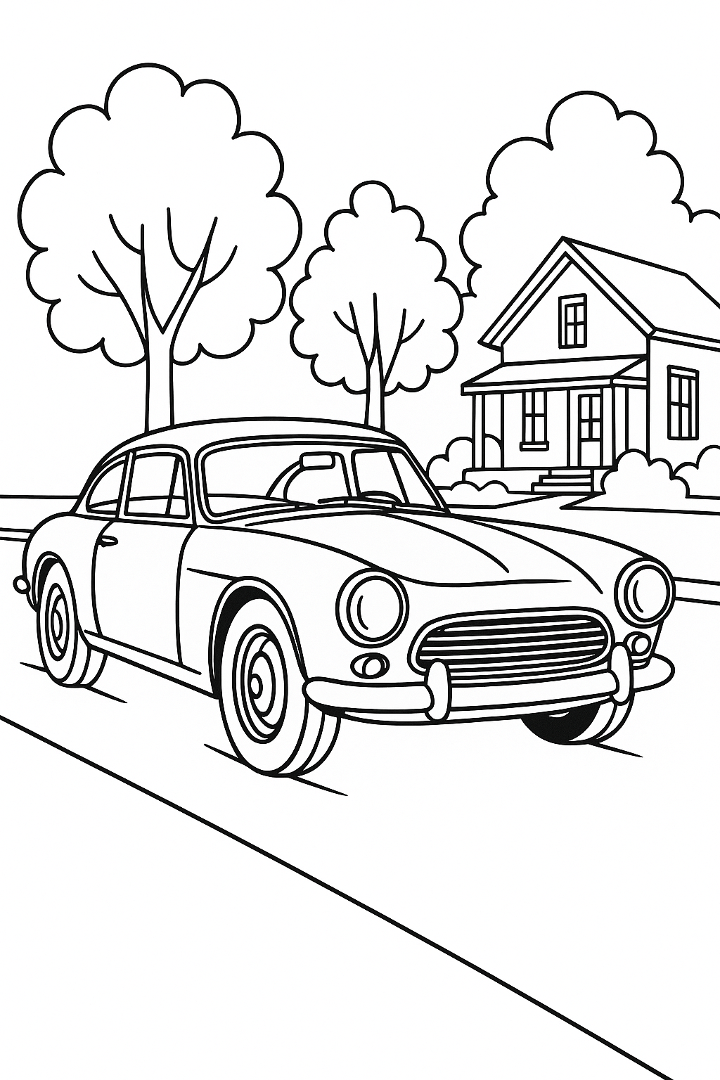 Desenho para colorir de um carro clássico dos anos 60, com contornos grossos e espaços amplos para colorir, ideal para crianças.