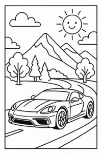 Página de colorir de um carro esportivo em uma estrada com montanhas, árvores e um sol sorridente, com contornos grossos e áreas grandes para colorir.