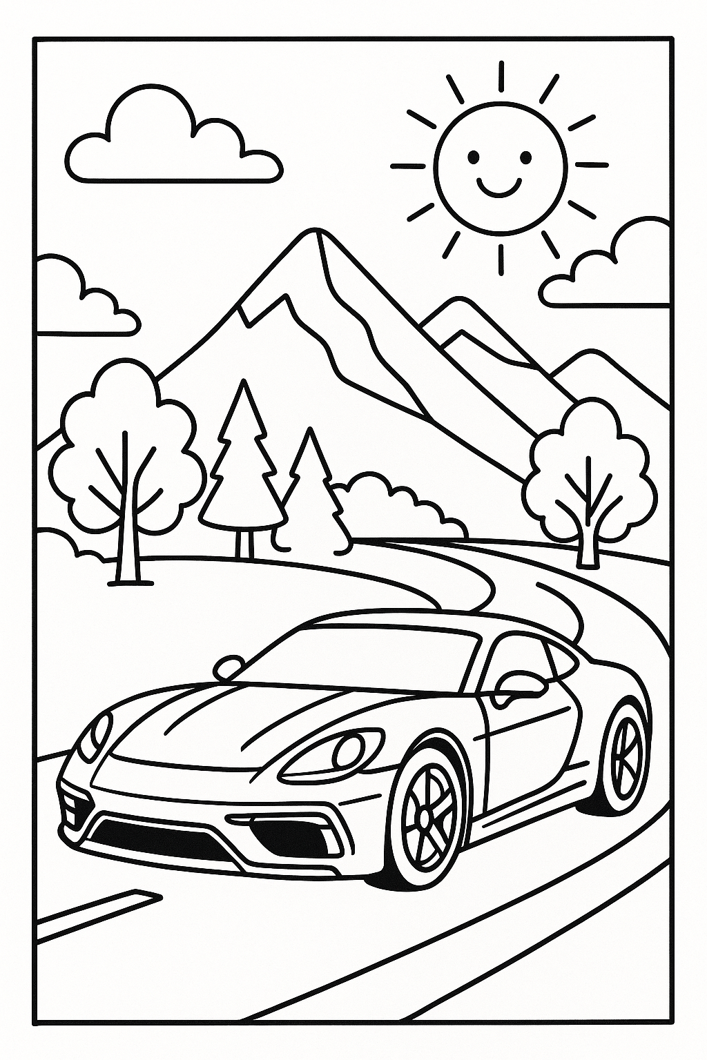 Página de colorir de um carro esportivo em uma estrada com montanhas, árvores e um sol sorridente, com contornos grossos e áreas grandes para colorir.
