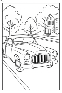 Página de colorir com um carro clássico em uma rua tranquila, com árvores e uma casa de estilo antigo ao fundo.