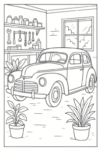 Desenho de um carro clássico vintage em uma garagem com ferramentas e plantas, ideal para colorir.