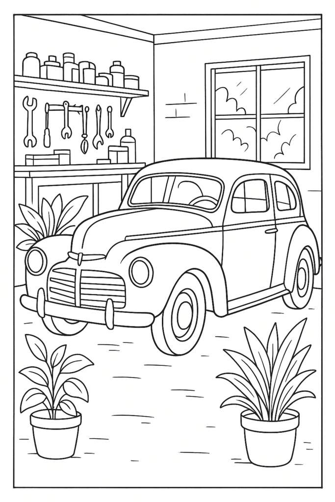 Desenho de um carro clássico vintage em uma garagem com ferramentas e plantas, ideal para colorir.