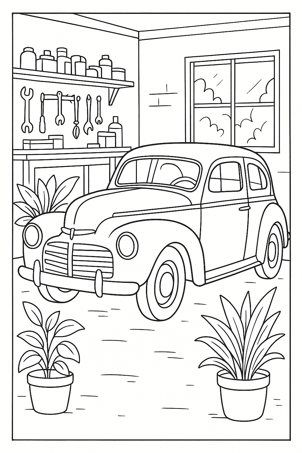 Desenho de um carro clássico vintage em uma garagem com ferramentas e plantas, ideal para colorir.