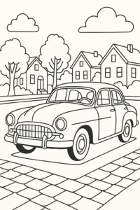 Desenho para colorir de um carro clássico em uma cidade vintage, com contornos grossos e espaços amplos para colorir.
