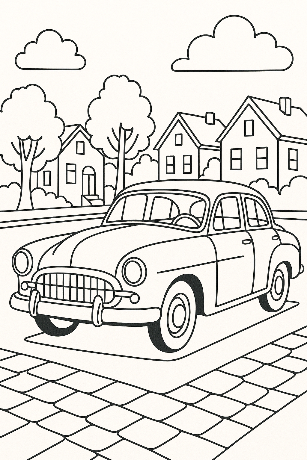 Desenho para colorir de um carro clássico em uma cidade vintage, com contornos grossos e espaços amplos para colorir.
