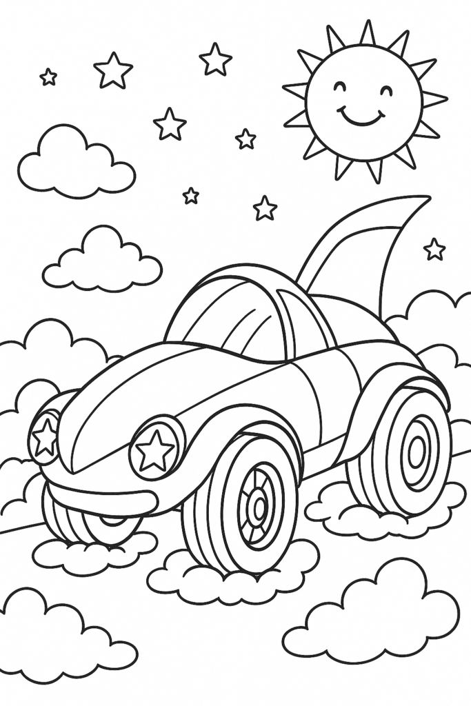 Desenho de um carro futurista em forma de foguete, com nuvens e estrelas ao fundo, ideal para colorir com crianças.