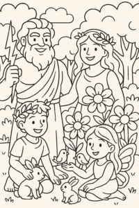 Colorir uma família de deuses mitológicos em um ambiente acolhedor, com várias figuras e elementos da natureza.