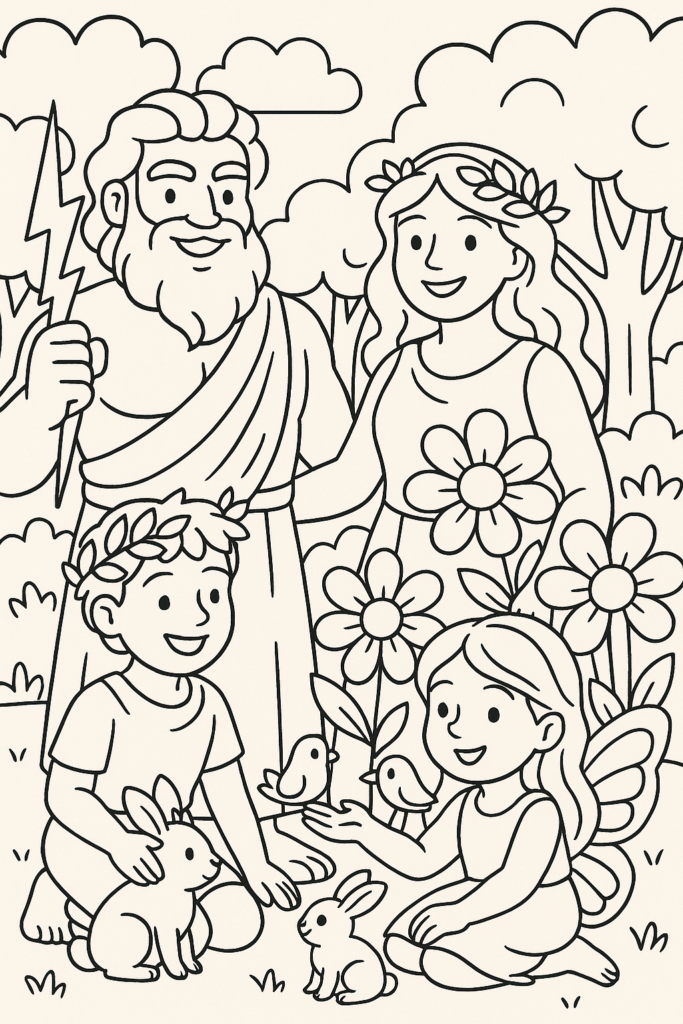 Colorir uma família de deuses mitológicos em um ambiente acolhedor, com várias figuras e elementos da natureza.