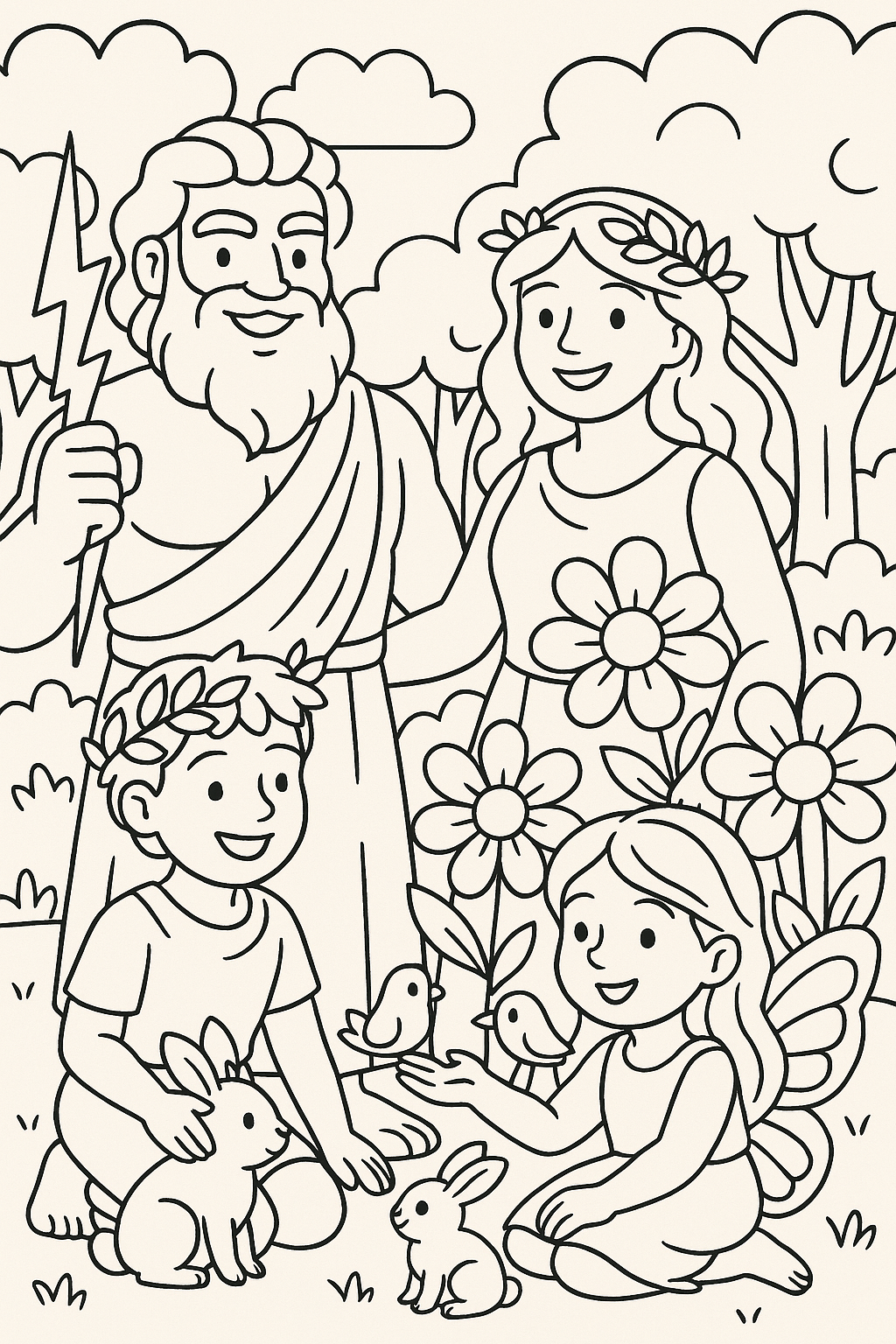 Colorir uma família de deuses mitológicos em um ambiente acolhedor, com várias figuras e elementos da natureza.