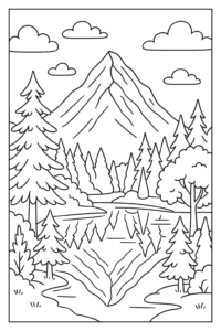 Desenho para colorir de uma paisagem natural com montanha, lago e árvores, com contornos pretos e áreas grandes para colorir.