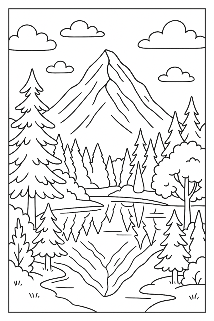 Desenho para colorir de uma paisagem natural com montanha, lago e árvores, com contornos pretos e áreas grandes para colorir.