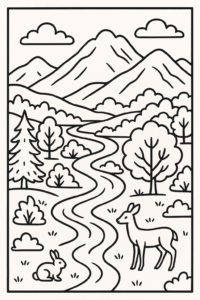 Desenho para colorir de uma paisagem com montanhas, um vale com um rio e animais fofos como coelhos e cervos, com contornos grossos e áreas grandes para colorir.