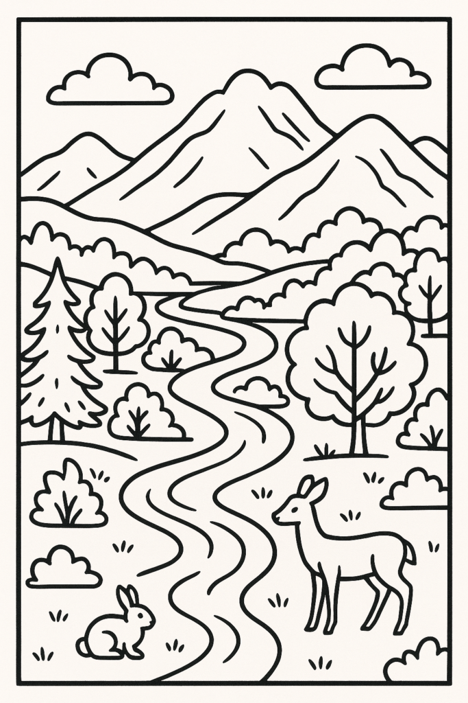Desenho para colorir de uma paisagem com montanhas, um vale com um rio e animais fofos como coelhos e cervos, com contornos grossos e áreas grandes para colorir.