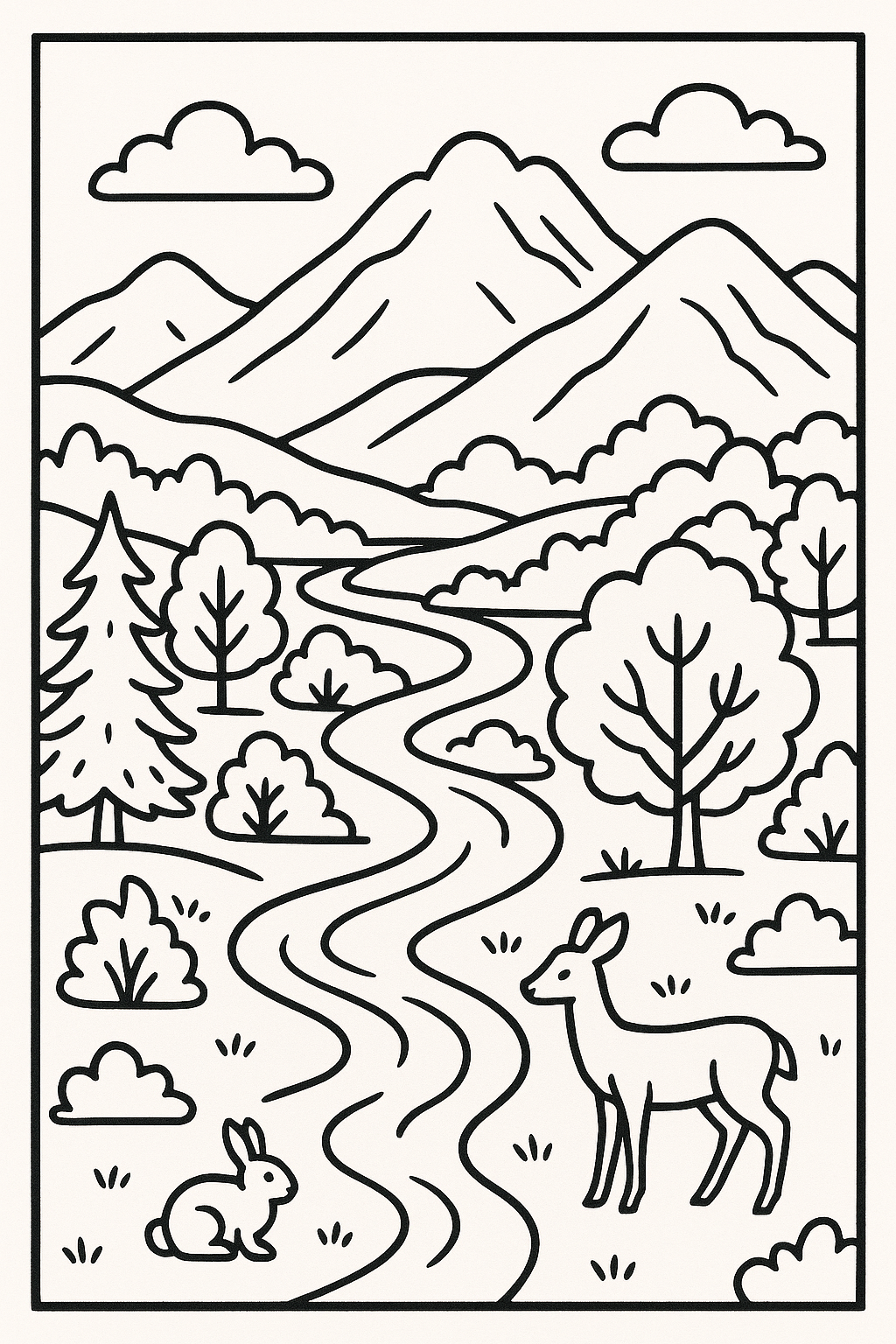 Desenho para colorir de uma paisagem com montanhas, um vale com um rio e animais fofos como coelhos e cervos, com contornos grossos e áreas grandes para colorir.