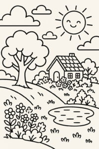 Desenho para colorir de uma paisagem serena com colinas, uma árvore grande, um lago e uma casa de campo, com linhas grossas e espaços amplos para colorir.