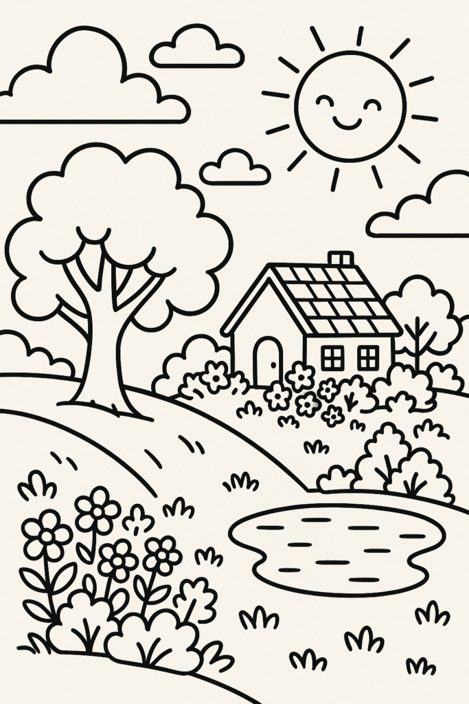 Desenho para colorir de uma paisagem serena com colinas, uma árvore grande, um lago e uma casa de campo, com linhas grossas e espaços amplos para colorir.