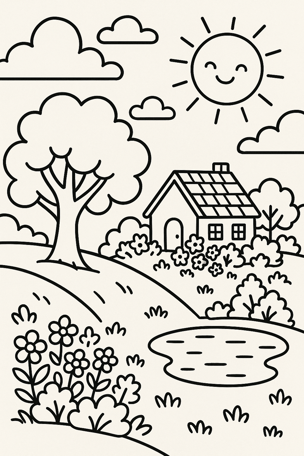 Desenho para colorir de uma paisagem serena com colinas, uma árvore grande, um lago e uma casa de campo, com linhas grossas e espaços amplos para colorir.