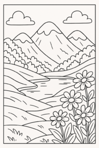 Desenho para colorir de uma paisagem com montanhas, vales, um lago e flores, com contornos pretos e áreas grandes para colorir.