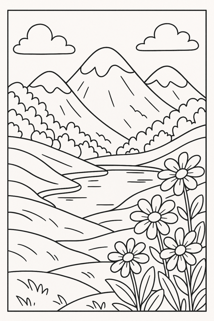 Desenho para colorir de uma paisagem com montanhas, vales, um lago e flores, com contornos pretos e áreas grandes para colorir.