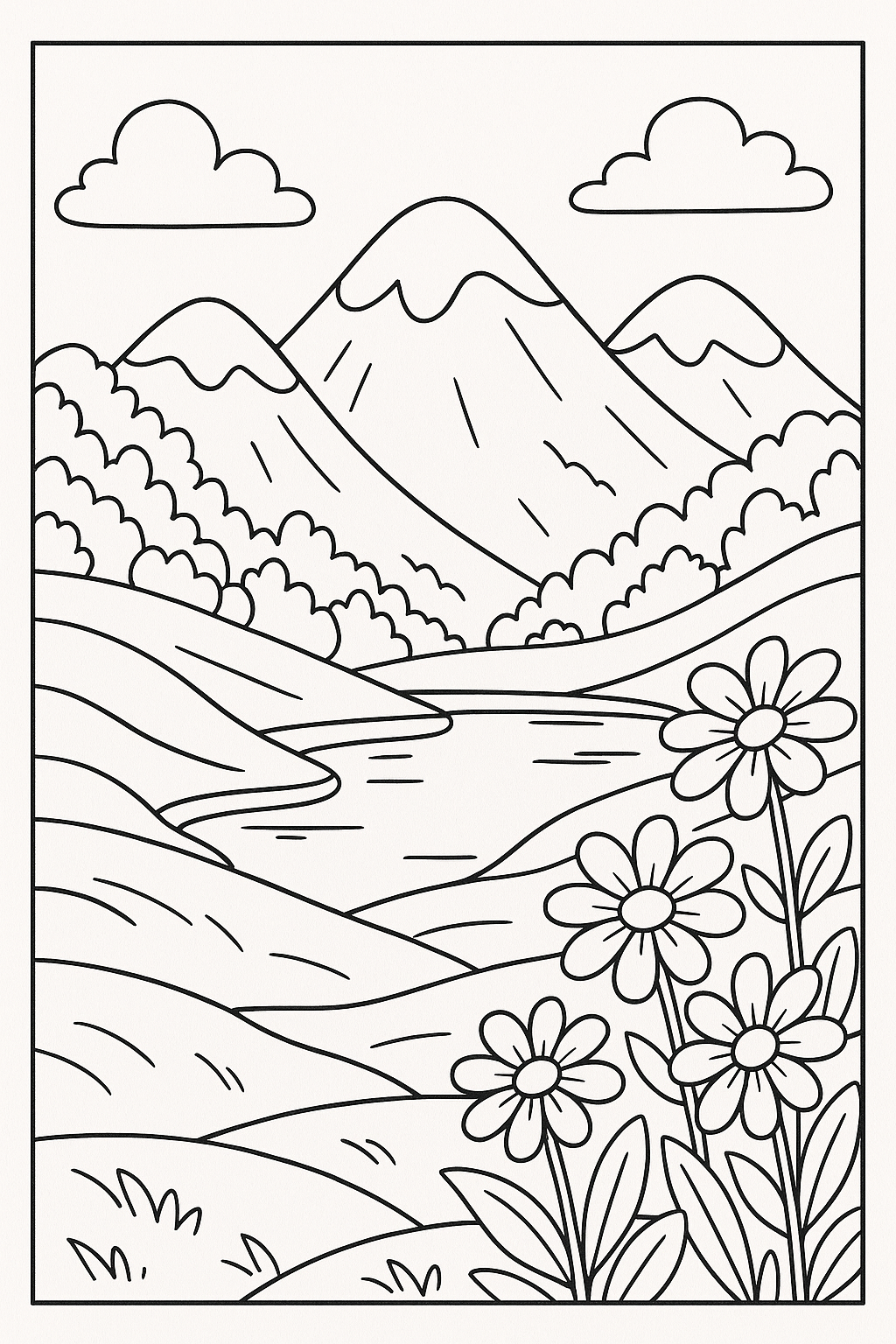 Desenho para colorir de uma paisagem com montanhas, vales, um lago e flores, com contornos pretos e áreas grandes para colorir.