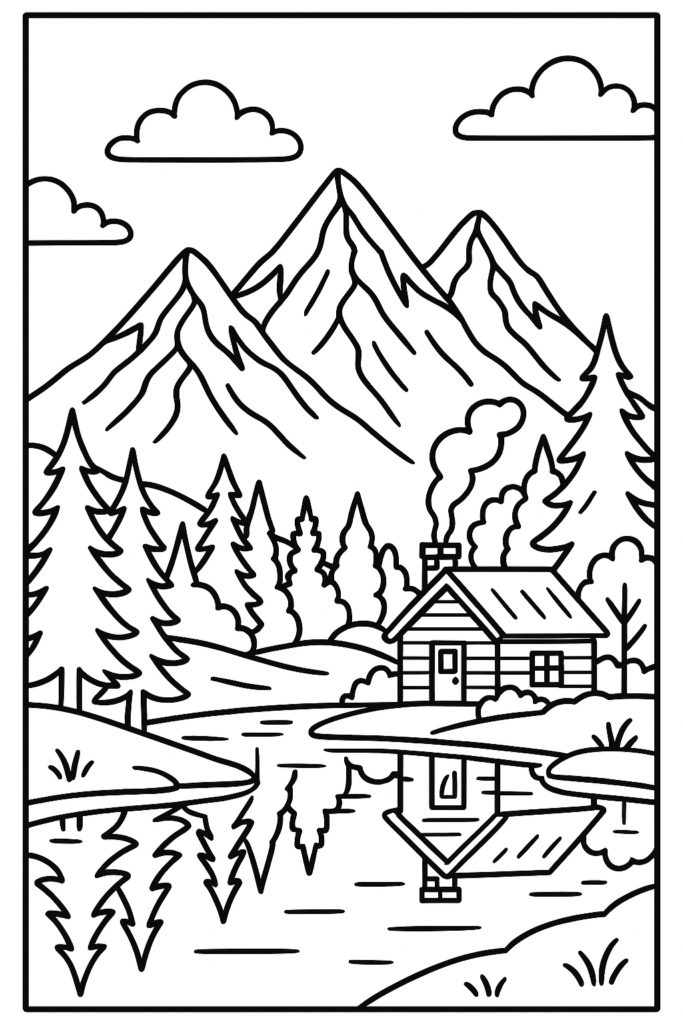 Desenho para colorir de uma paisagem montanhosa com montanhas, lago, árvores e uma cabana, em estilo simples e bonito.