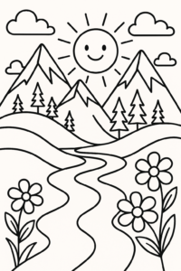 Desenho para colorir de montanhas e vales, com contornos grossos, áreas grandes e simples para colorir, incluindo um rio, flores e um sol sorridente.