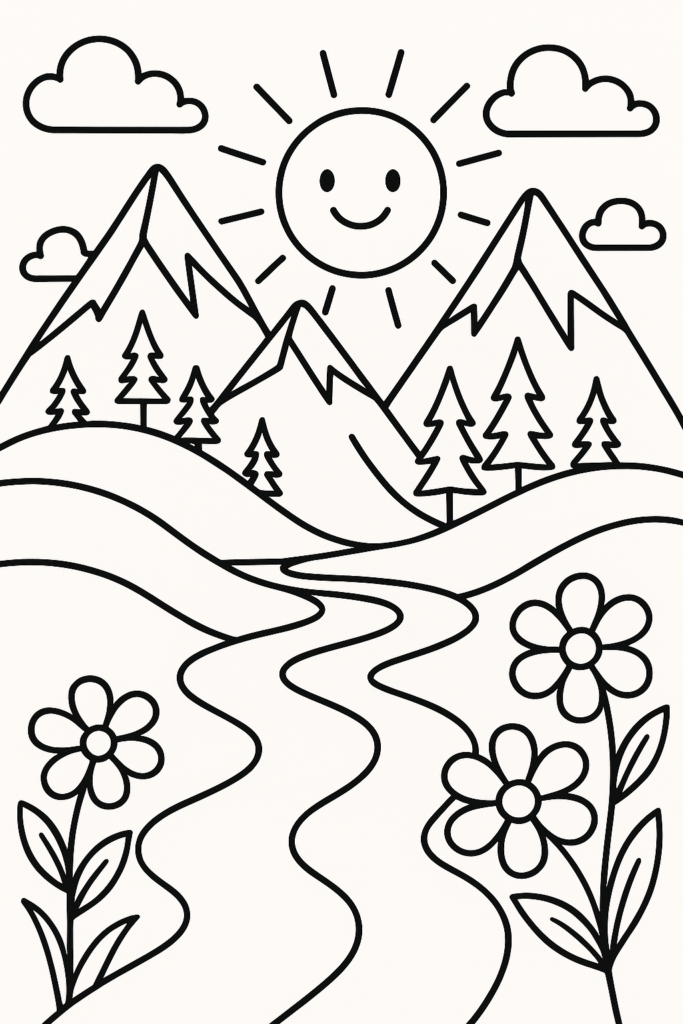 Desenho para colorir de montanhas e vales, com contornos grossos, áreas grandes e simples para colorir, incluindo um rio, flores e um sol sorridente.