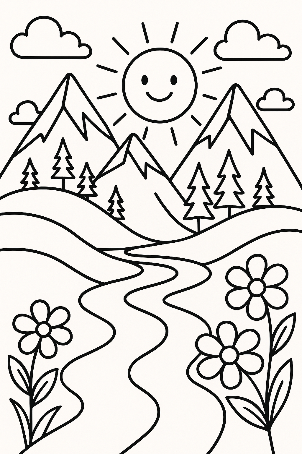 Desenho para colorir de montanhas e vales, com contornos grossos, áreas grandes e simples para colorir, incluindo um rio, flores e um sol sorridente.