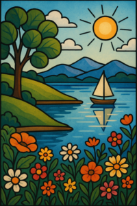 Desenho para colorir de uma paisagem serena com colinas, lago, árvores e barco à vela, ideal para iniciantes.