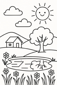 Desenho de uma paisagem serena com uma casa de campo, árvore, lago e flores, em contornos pretos para colorir.