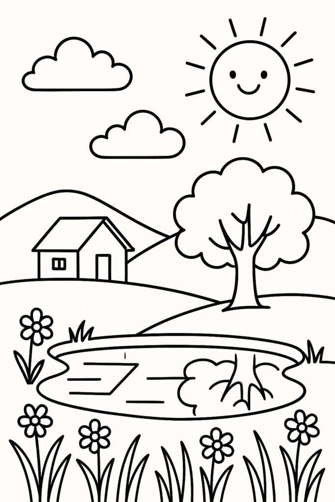 Desenho de uma paisagem serena com uma casa de campo, árvore, lago e flores, em contornos pretos para colorir.