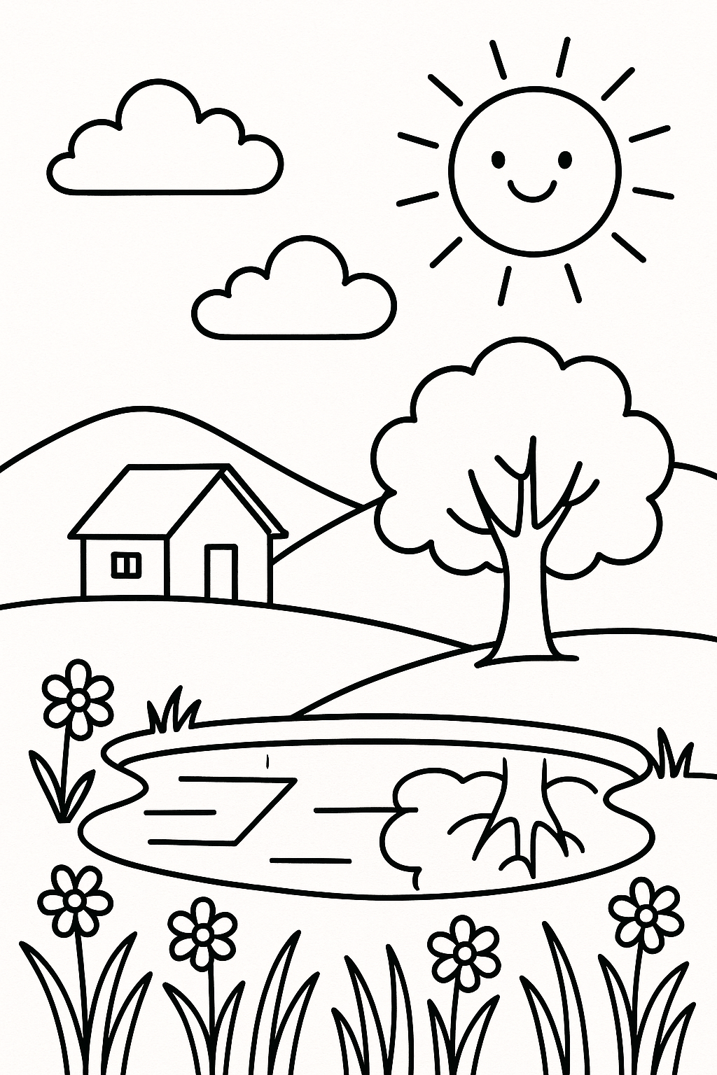 Desenho de uma paisagem serena com uma casa de campo, árvore, lago e flores, em contornos pretos para colorir.