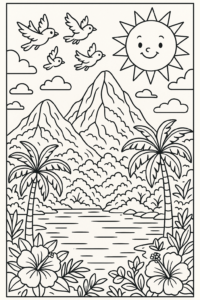 Página de colorir de uma paisagem exótica com montanhas, lago, palmeiras e um sol sorridente.